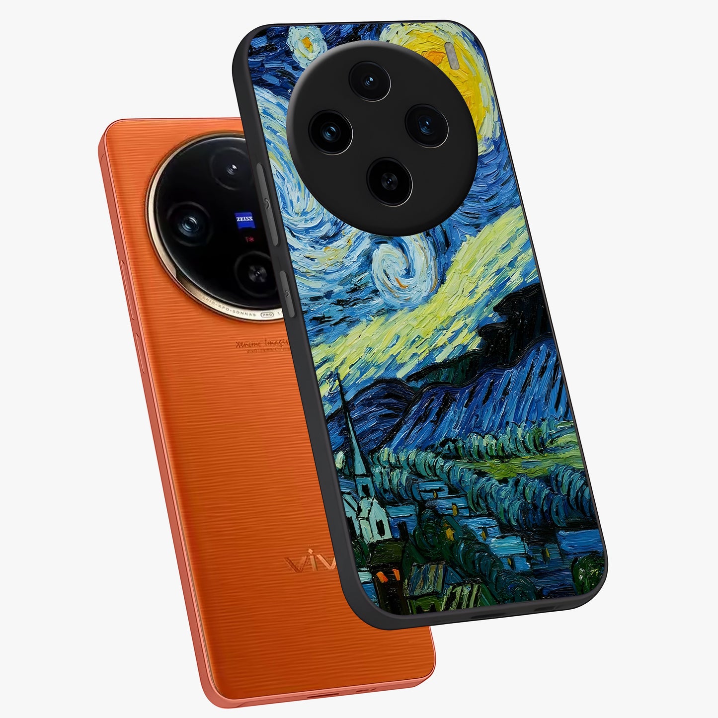 Van Gogh Art Glass Case displayed in angled mockup highlighting swirling brushstroke design with artistic aesthetic.