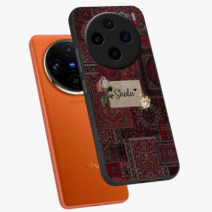 Velvet Wine Pattern Custom Name Glass Case displayed in angled mockup highlighting decorative velvet inspired design with custom name feature.