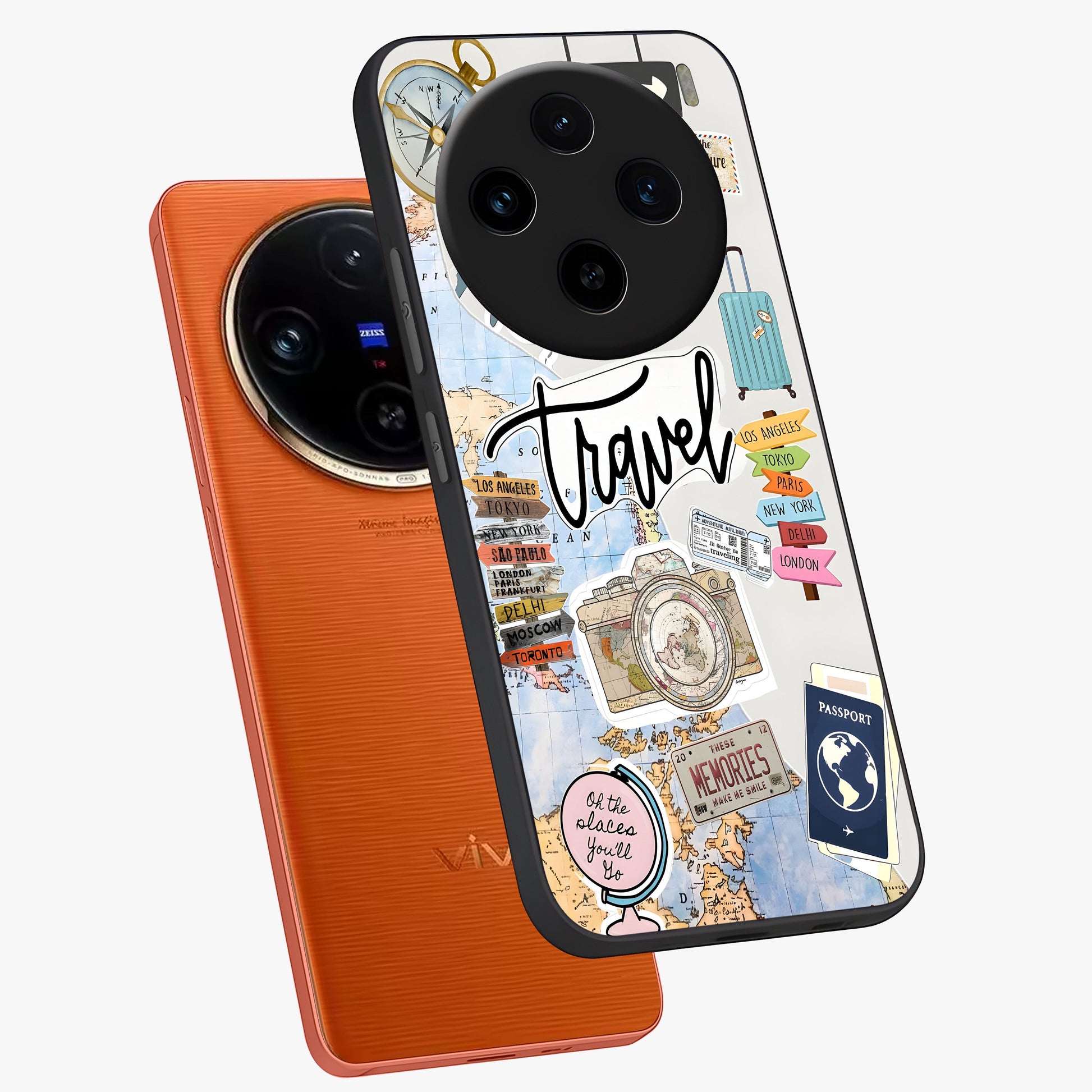 Wanderlust Journal Glass Case displayed in angled mockup highlighting adventure themed design with aesthetic travel vibe.