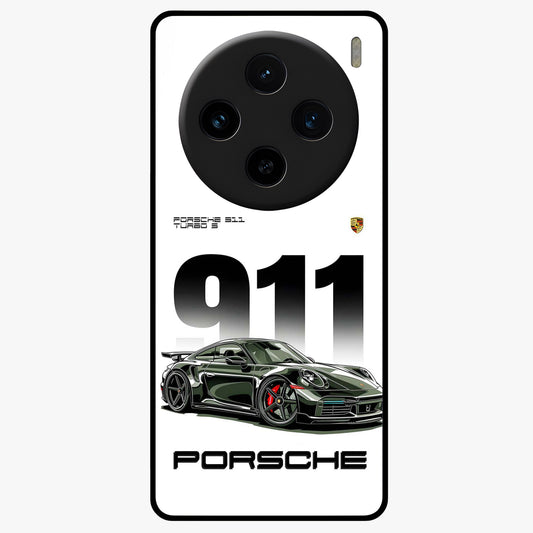 911 Turbo Dominance Glass Case showing clean flat back view with bold 911 sports car artwork and glossy glass finish.