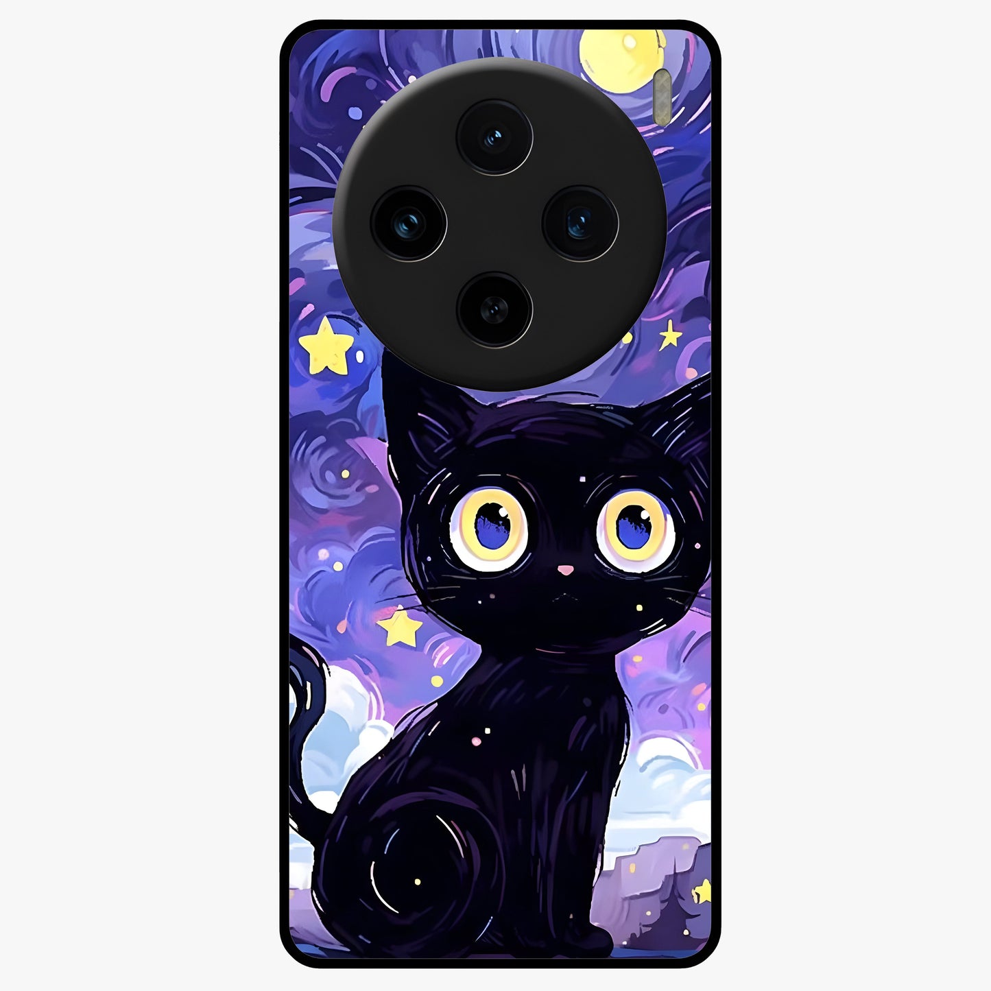 Abstract Cat Art Glass Case showing flat back view with artistic cat illustration and glossy glass finish.