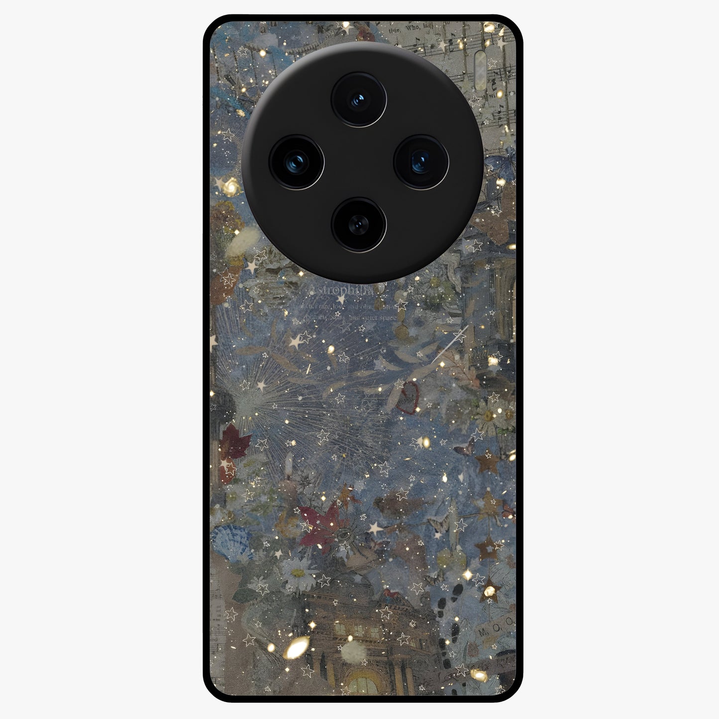 Aesthetic Astrolophia Glass Case showing flat back view with dreamy aesthetic design and glossy glass finish.