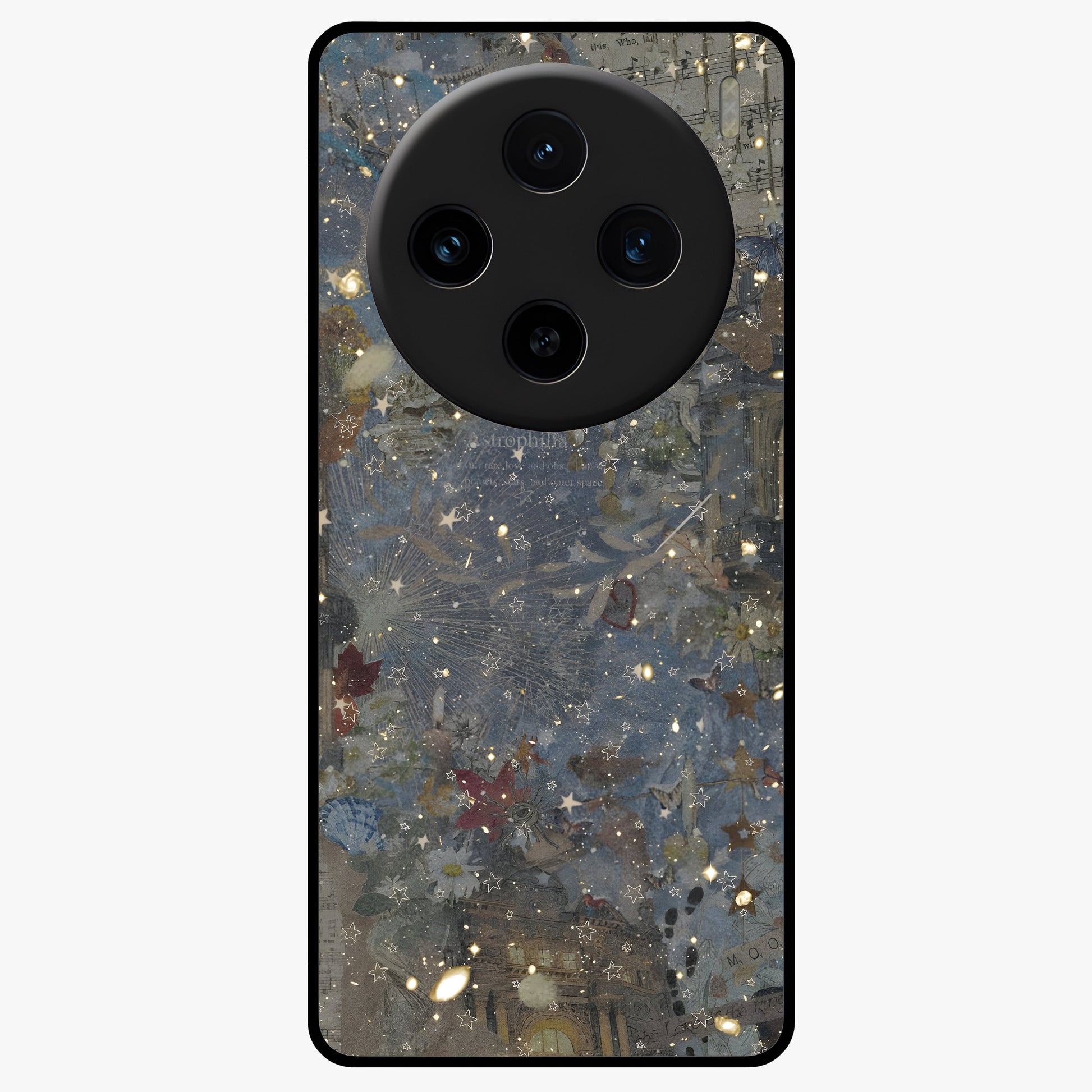 Aesthetic Astrolophia Glass Case showing flat back view with dreamy aesthetic design and glossy glass finish.