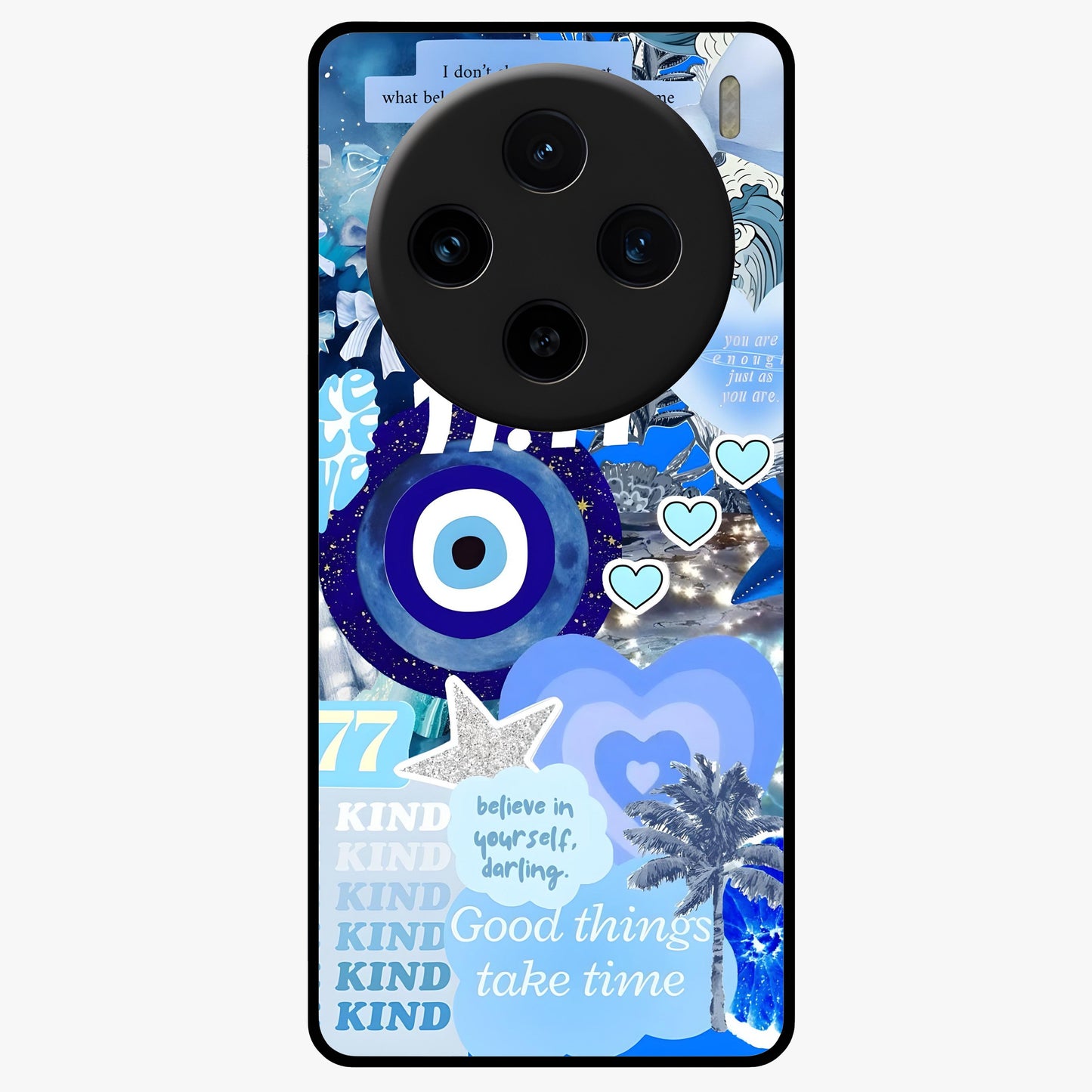 Aesthetic Be Kind Eye Glass Case showing flat back view with motivational eye artwork and glossy glass finish.