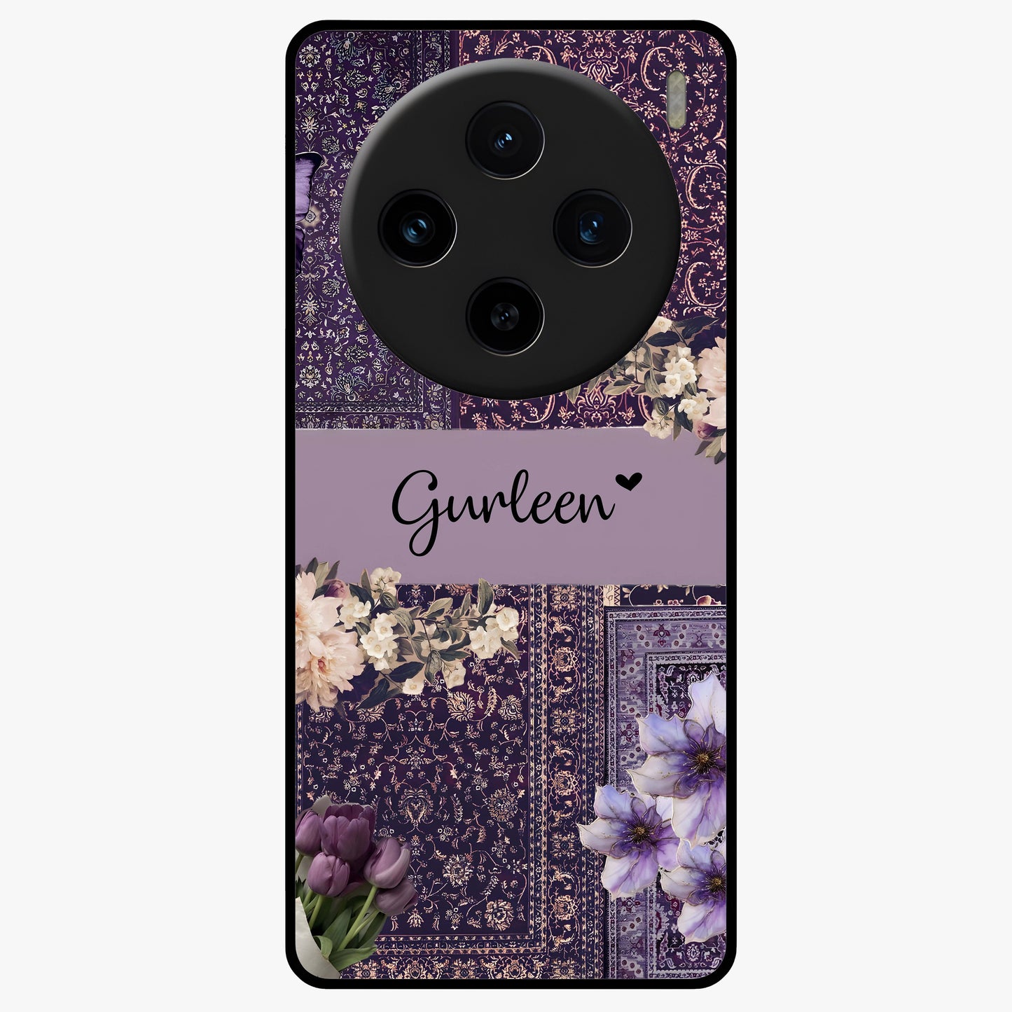Antique Floral Whisper Custom Name Glass Case showing flat back view with vintage floral artwork and personalized name design.