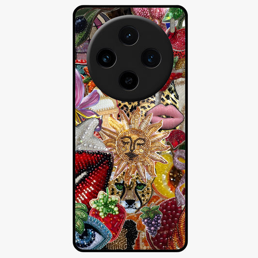 Beaded Fashion Jungle Glass Case showing flat back view with vibrant jungle inspired bead artwork and glossy glass finish.