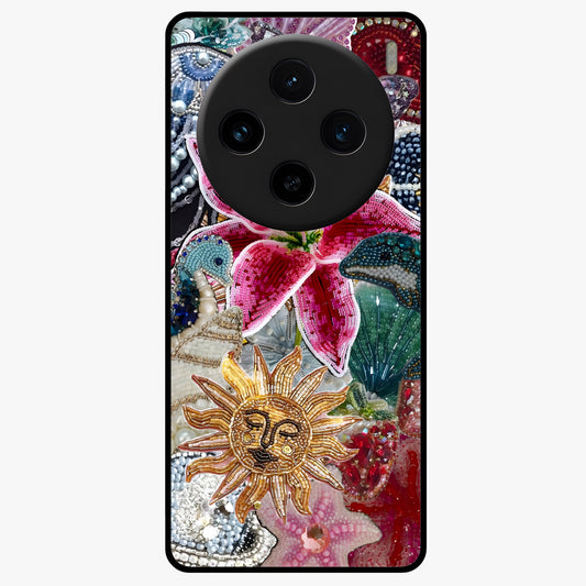 Beaded Garden Fantasy Glass Case showing flat back view with dreamy garden bead artwork and glossy glass finish.