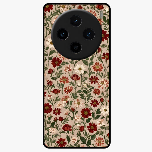 Biege Flower With Leaf Glass Case showing flat back view with soft beige floral artwork and glossy glass finish.