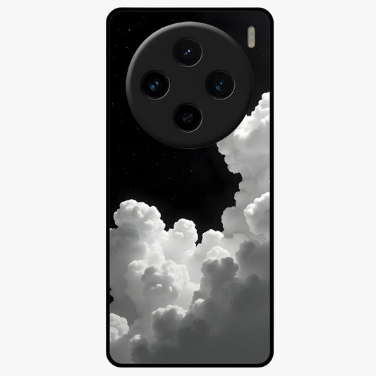 Black Background With White Cloud Glass Case showing flat back view with minimal cloud artwork on dark background and glossy glass finish.