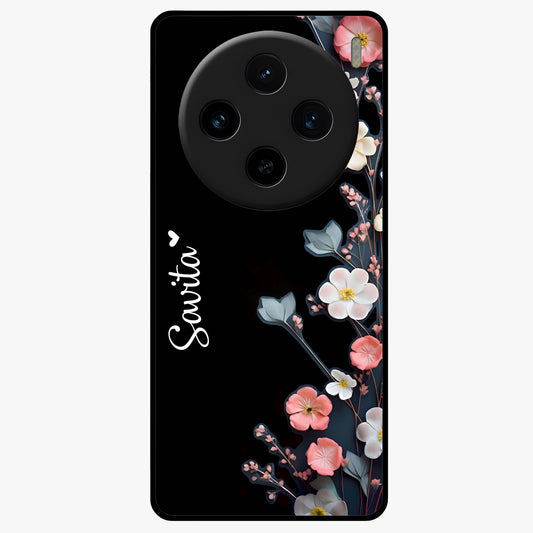 Black Elegance Floral Custom Name Glass Case showing flat back view with elegant floral artwork and personalized name design.