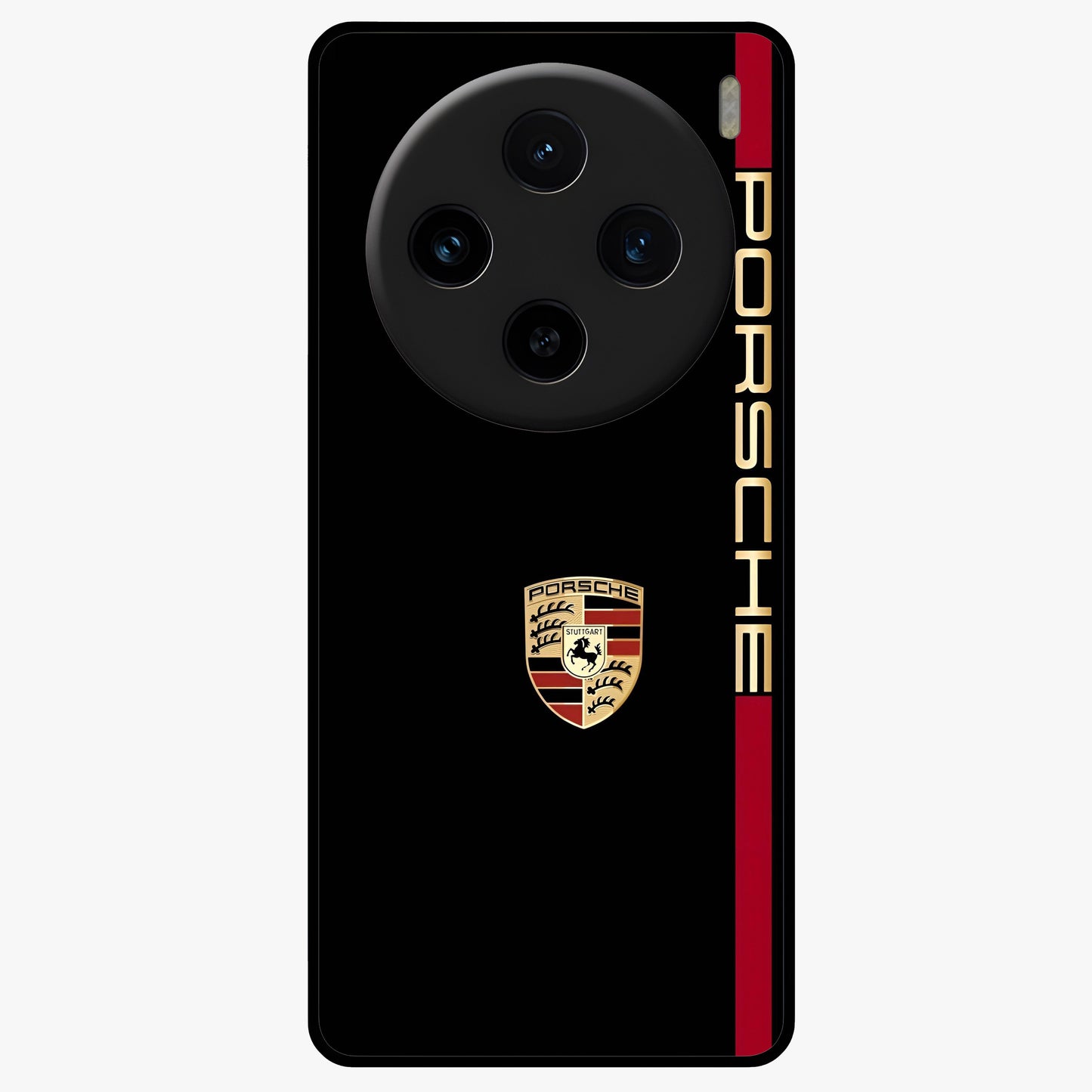 Black Minimal Porsche Glass Case showing flat back view with sleek minimal sports car artwork and glossy glass finish.