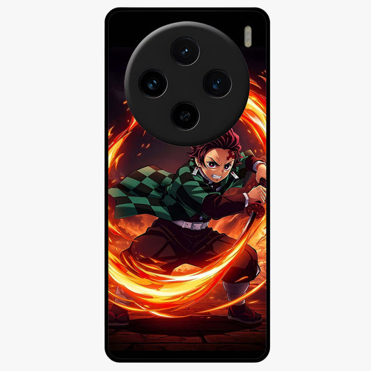 Blazing Sword Resolve Glass Case showing flat back view with fiery sword artwork and glossy glass finish.