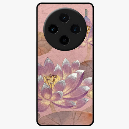 Blossom Mist Lotus Glass Case showing flat back view with serene lotus blossom artwork and glossy glass finish.