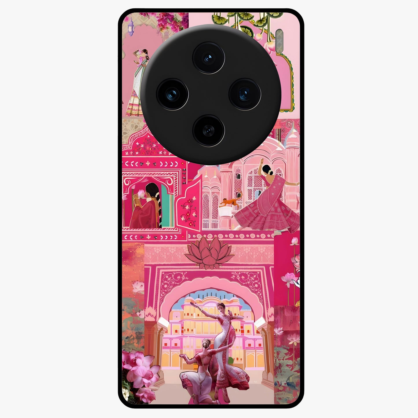 Blossoms of Rajasthan Glass Case showing flat back view with traditional floral artwork inspired by Rajasthan and glossy glass finish.