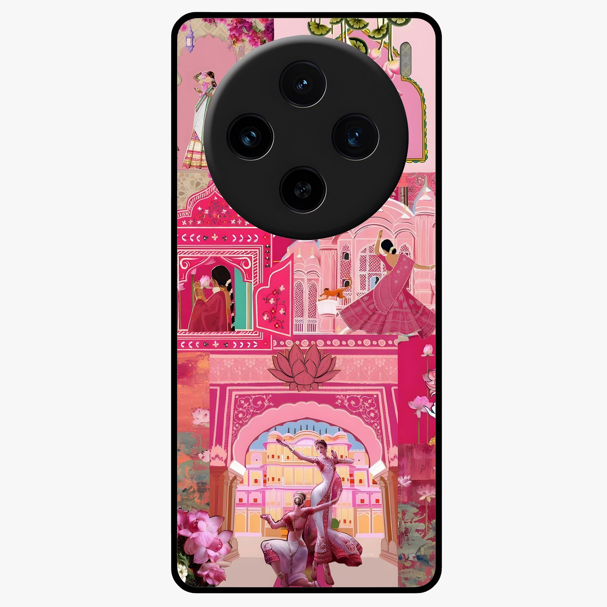 Blossoms of Rajasthan Glass Case showing flat back view with traditional floral artwork inspired by Rajasthan and glossy glass finish.