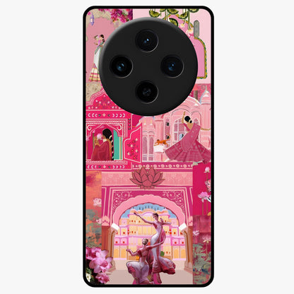 Blossoms of Rajasthan Glass Case showing flat back view with traditional floral artwork inspired by Rajasthan and glossy glass finish.