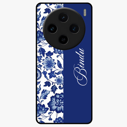 Blue Vintage Floral Pattern Glass Case upright view showcasing timeless floral illustration with vintage inspired style.