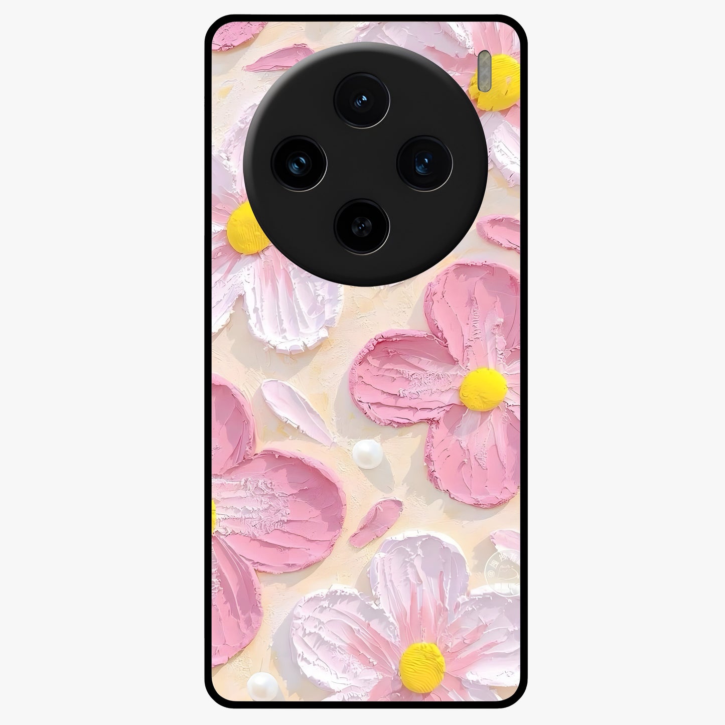 Blush Bloom Texture Glass Case showing flat back view with soft blush floral texture artwork and glossy glass finish.