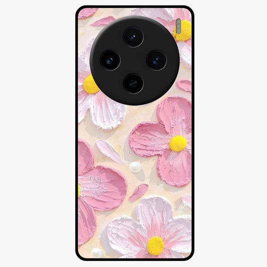 Blush Bloom Texture Glass Case showing flat back view with soft blush floral texture artwork and glossy glass finish.