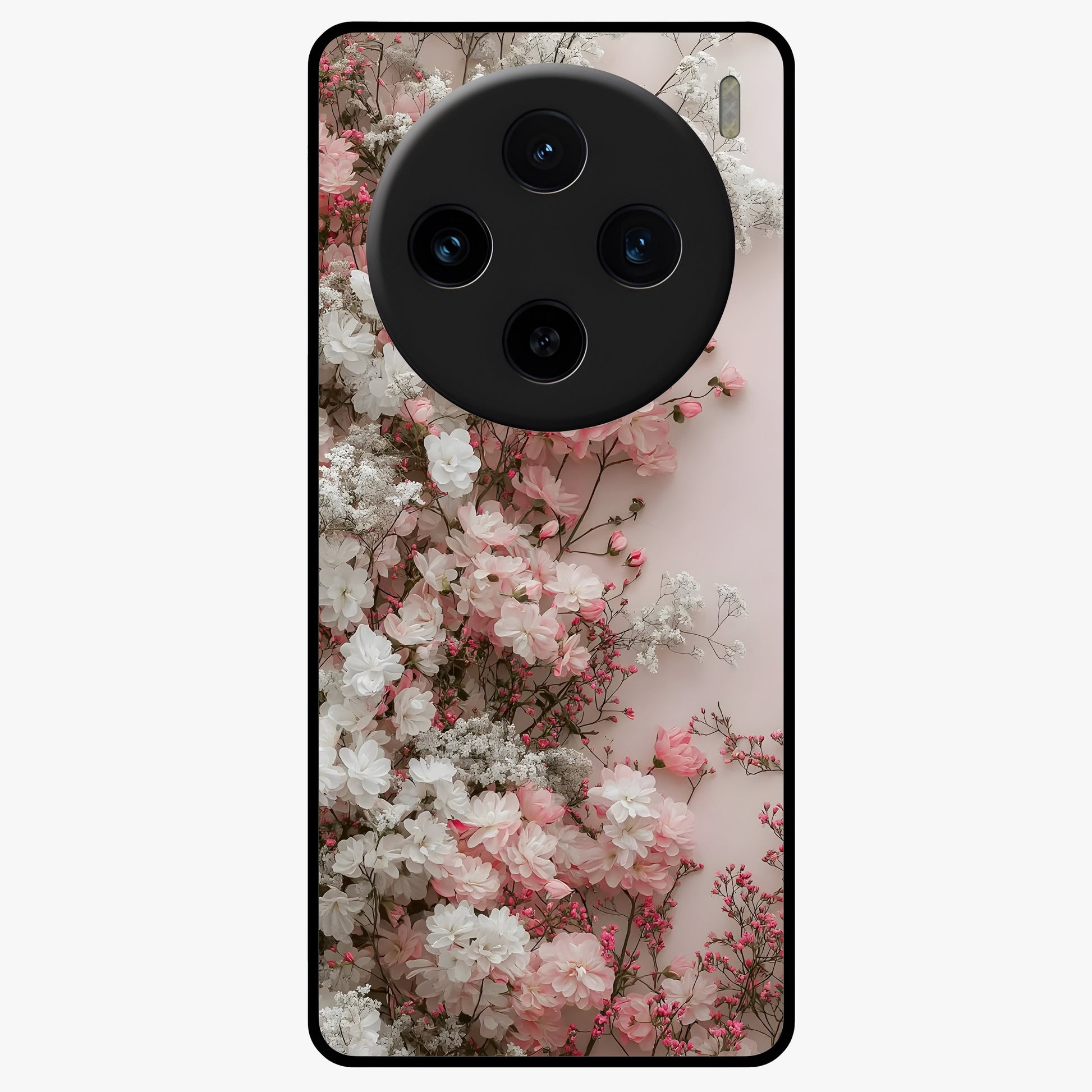 Blush Blossom Cloud Glass Case showing flat back view with dreamy blush cloud blossom artwork and glossy glass finish.
