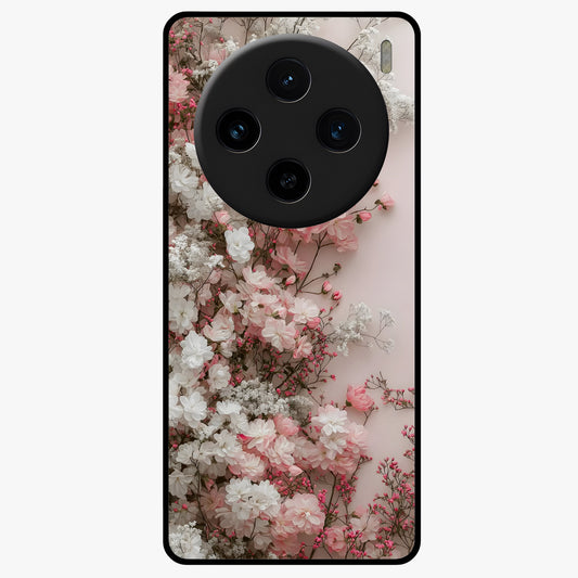Blush Blossom Cloud Glass Case showing flat back view with dreamy blush cloud blossom artwork and glossy glass finish.