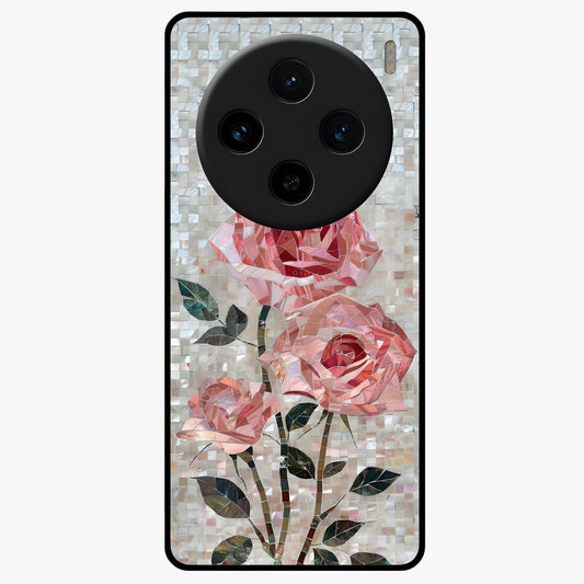 Blush Mosaic Bloom Glass Case showing flat back view with mosaic floral bloom artwork and glossy glass finish.
