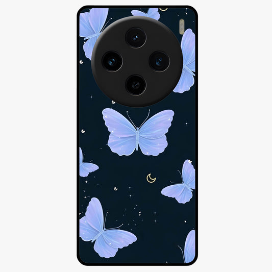 Butterfly With Stars Pattern Glass Case showing flat back view with butterfly and star pattern artwork and glossy glass finish.