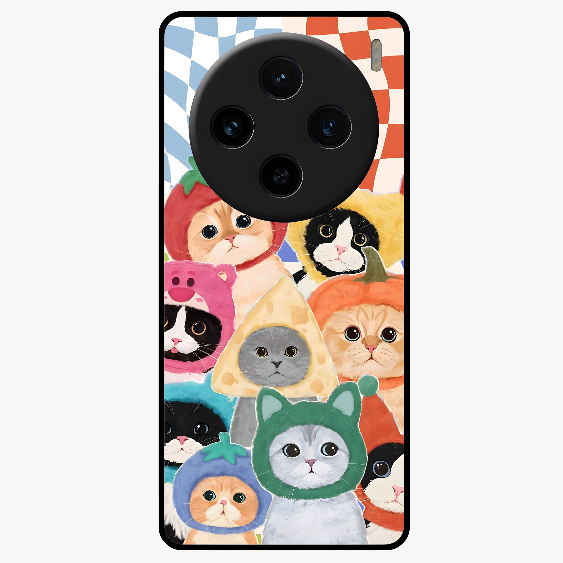 Cats in Fruits Glass Case showing flat back view with playful cat illustrations inside fruit artwork and glossy glass finish.