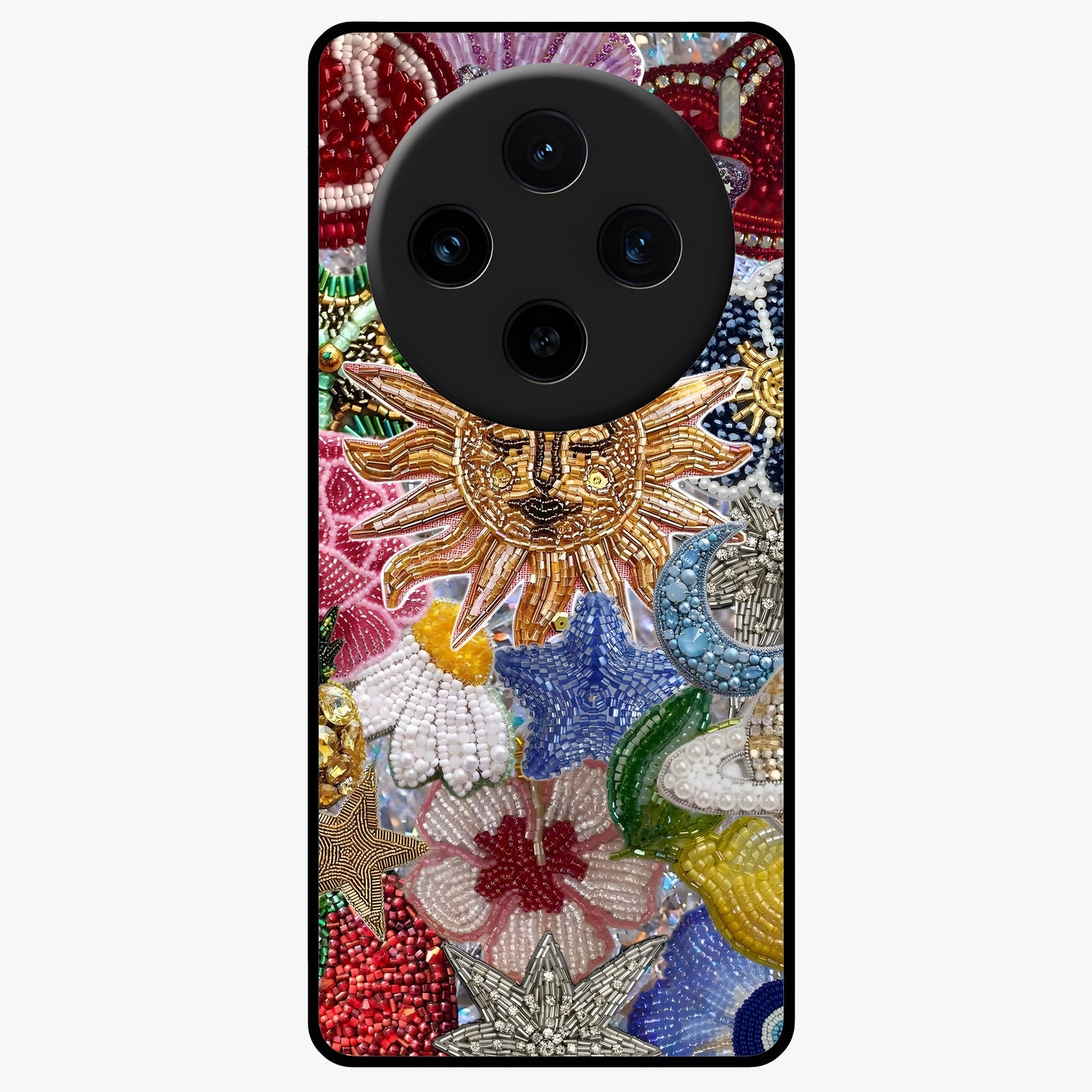Celestial Floral and Playful Glass Case showing flat back view with floral and celestial themed artwork and glossy glass finish.