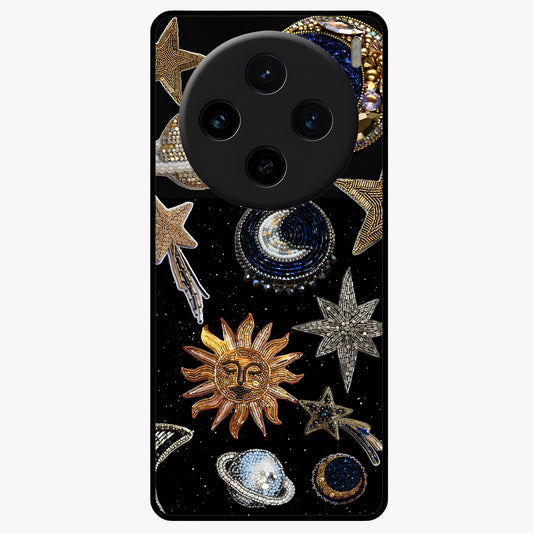 Celestial Gem Constellations Glass Case showing flat back view with sparkling constellation artwork and glossy glass finish.