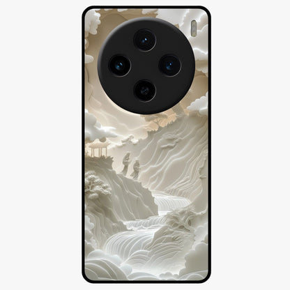 Celestial Origami Glass Case showing flat back view with artistic origami inspired celestial artwork and glossy glass finish.