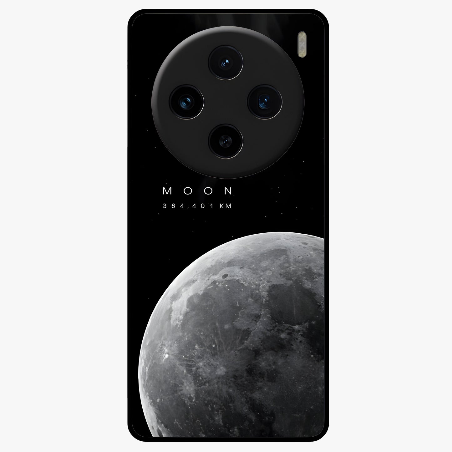 Cosmic Moon Glow Glass Case showing flat back view with glowing moon artwork and glossy glass finish.