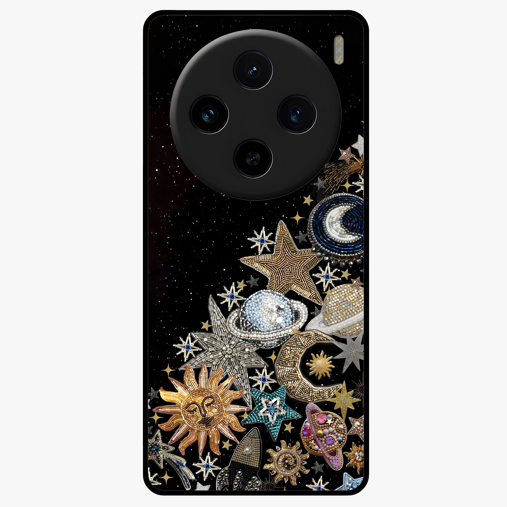 Cosmic Sparkle Dreams Glass Case showing flat back view with sparkling cosmic artwork and glossy glass finish.