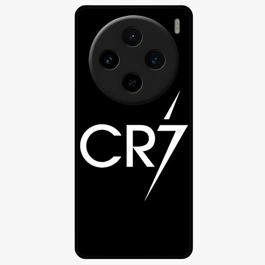 Cr7 Elite Strike Glass Case showing flat back view with dynamic football inspired artwork and glossy glass finish.