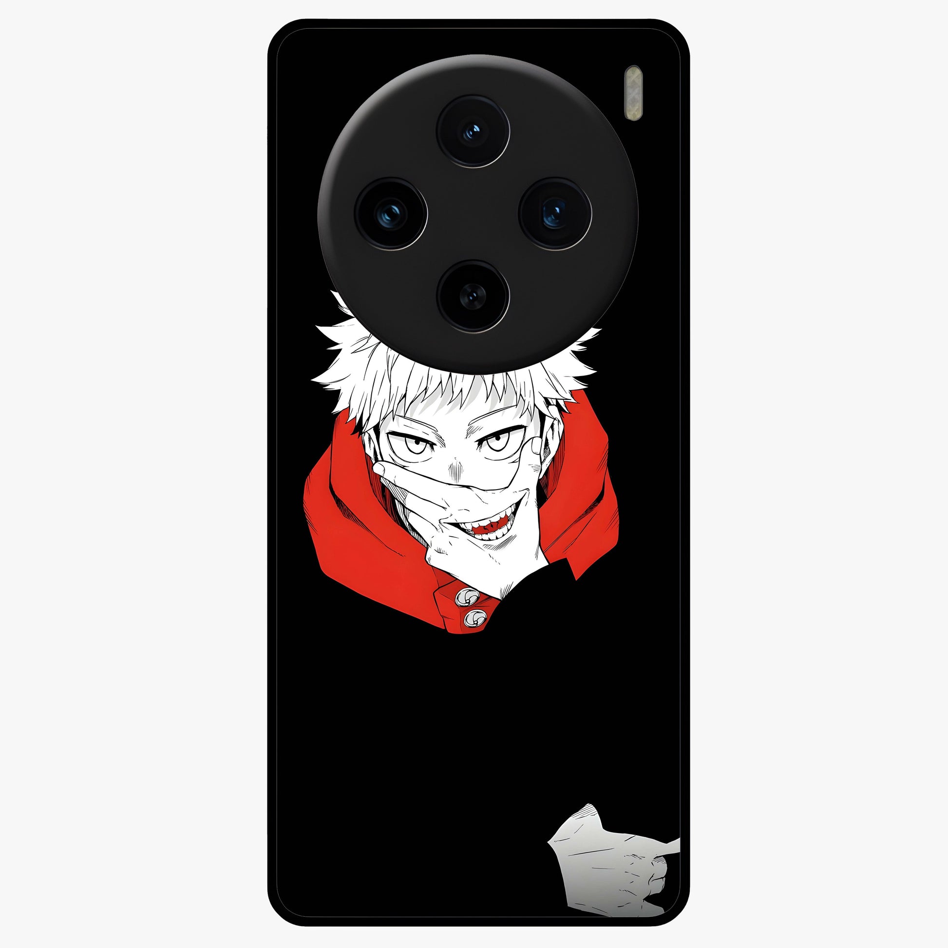 Crimson Chaos Smile Glass Case showing flat back view with bold chaotic smile artwork and glossy glass finish.