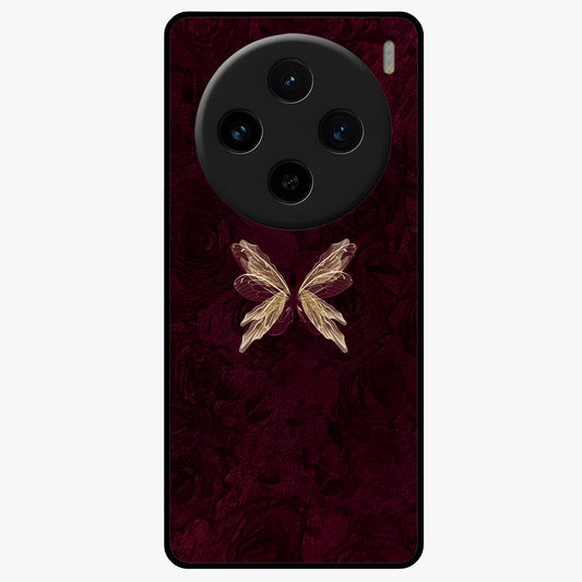 Crimson Fade Butterfly Glass Case showing flat back view with fading butterfly artwork and glossy glass finish.