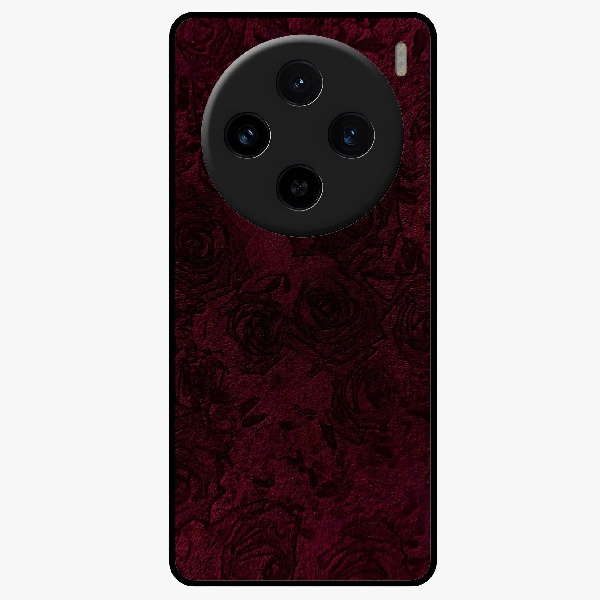 Crimson Fade Flow Glass Case showing flat back view with flowing crimson gradient artwork and glossy glass finish.