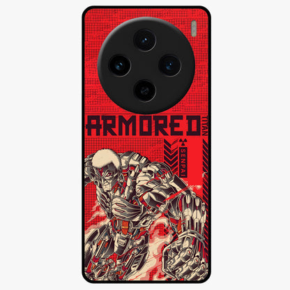 Crimson Mecha Titan Glass Case showing flat back view with powerful mech titan artwork and glossy glass finish.