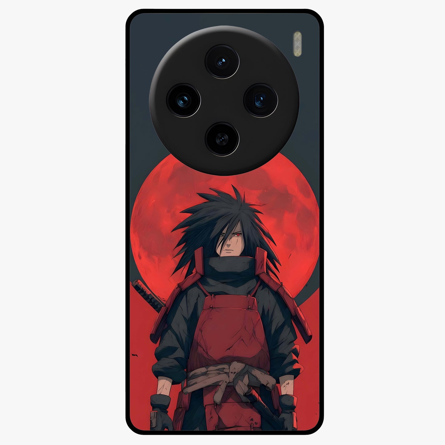 Crimson Moon Warlord Glass Case showing flat back view with mystical moon warrior artwork and glossy glass finish.