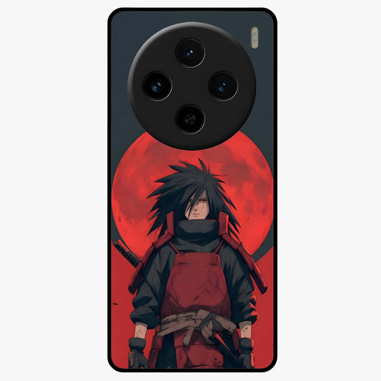 Crimson Moon Warlord Glass Case showing flat back view with mystical moon warrior artwork and glossy glass finish.