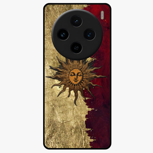 Crimson Sun Majesty Glass Case showing flat back view with radiant sun inspired artwork and glossy glass finish.