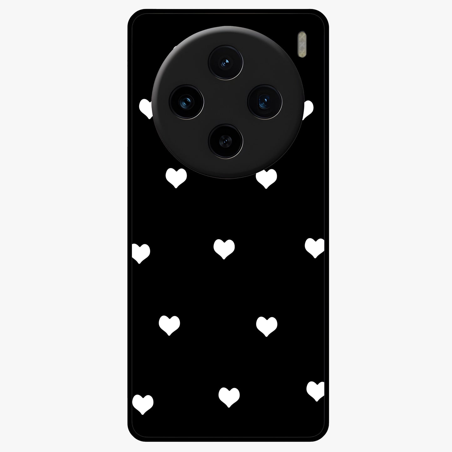 Cute And Simple White Hearts Glass Case showing flat back view with minimal white heart pattern and glossy glass finish.