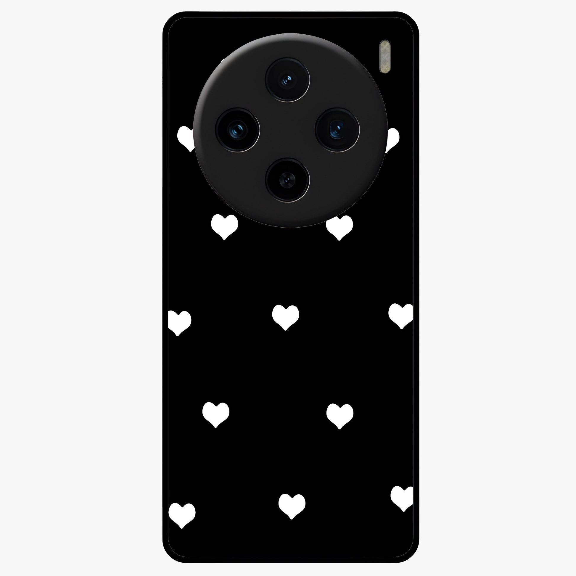 Cute And Simple White Hearts Glass Case showing flat back view with minimal white heart pattern and glossy glass finish.