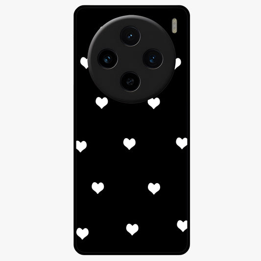 Cute And Simple White Hearts Glass Case showing flat back view with minimal white heart pattern and glossy glass finish.