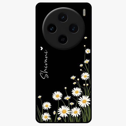 Daisy Cascade Custom Name Glass Case showing flat back view with cascading daisy flowers and personalized name design.