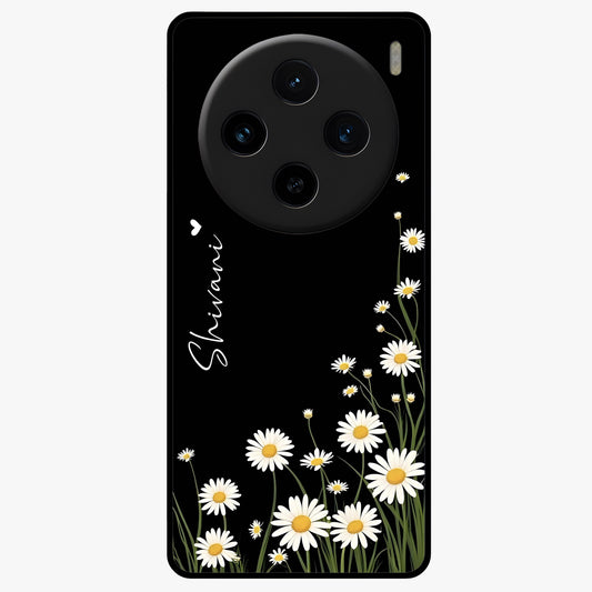 Daisy Cascade Custom Name Glass Case showing flat back view with cascading daisy flowers and personalized name design.