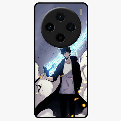 Dark Lightning Anime Warrior Glass Case showing flat back view with intense anime warrior artwork and glossy glass finish.