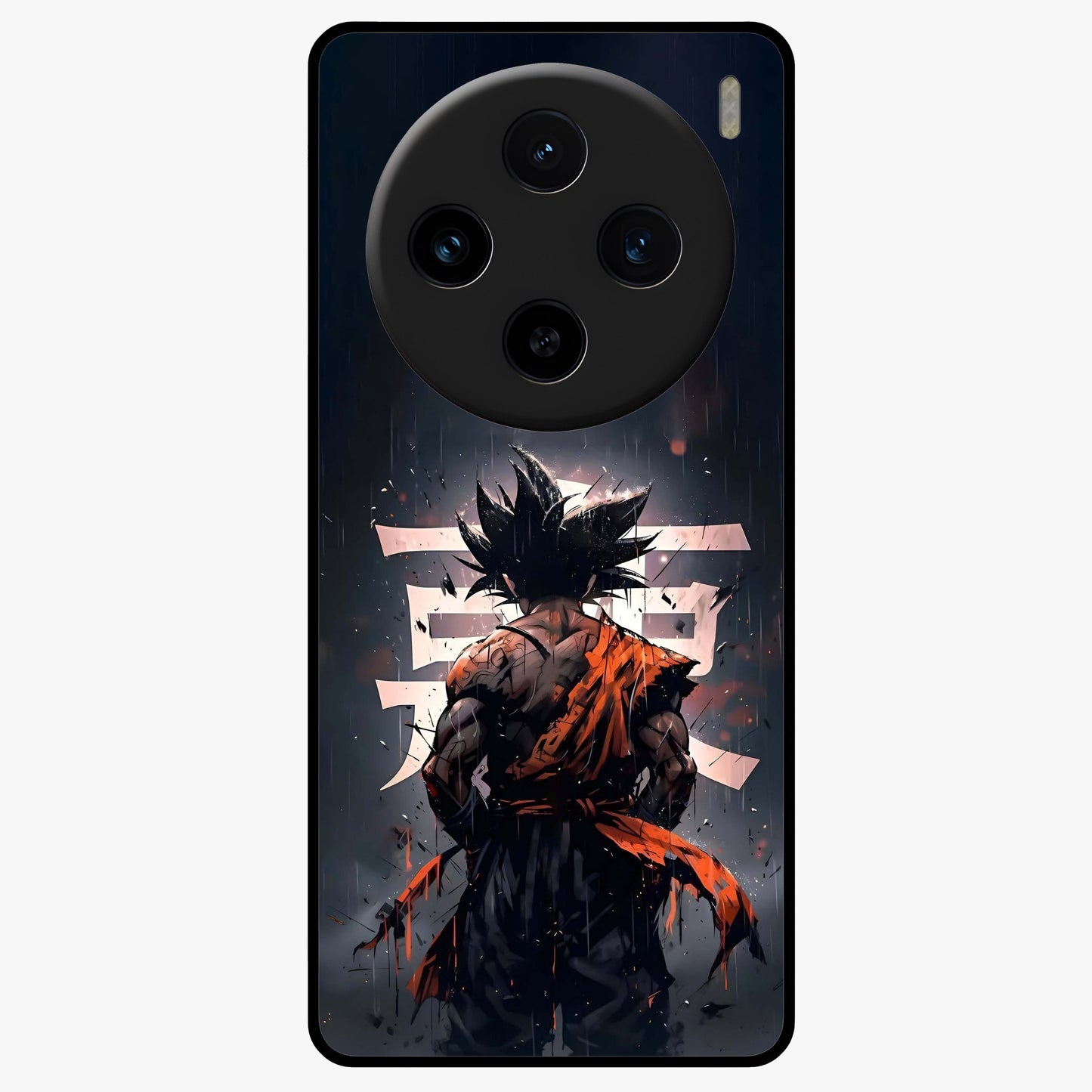 Dark Warrior In Rain Glass Case showing flat back view with warrior artwork in rainy atmosphere and glossy glass finish.