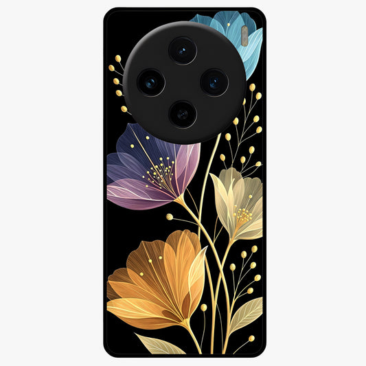 Delicate Multicolor Flowers Glass Case showing flat back view with vibrant floral artwork and glossy glass finish.