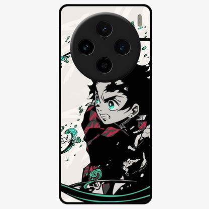 Demon Slayer Glass Case showing flat back view with bold anime inspired artwork and glossy glass finish.
